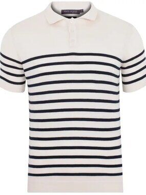 Paul James Cream & Navy Breton Striped Shortsleeve Polo